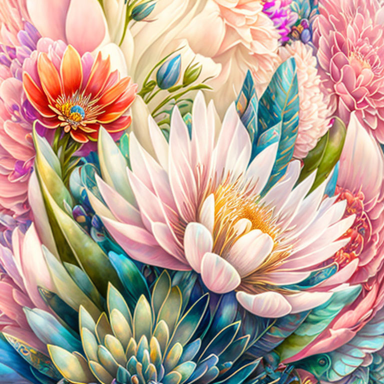 Detailed Blooming Flowers Illustration in Soft Pastel Colors