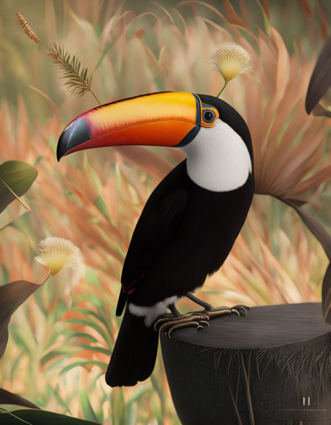 Vibrant toucan on branch with large beak in lush foliage