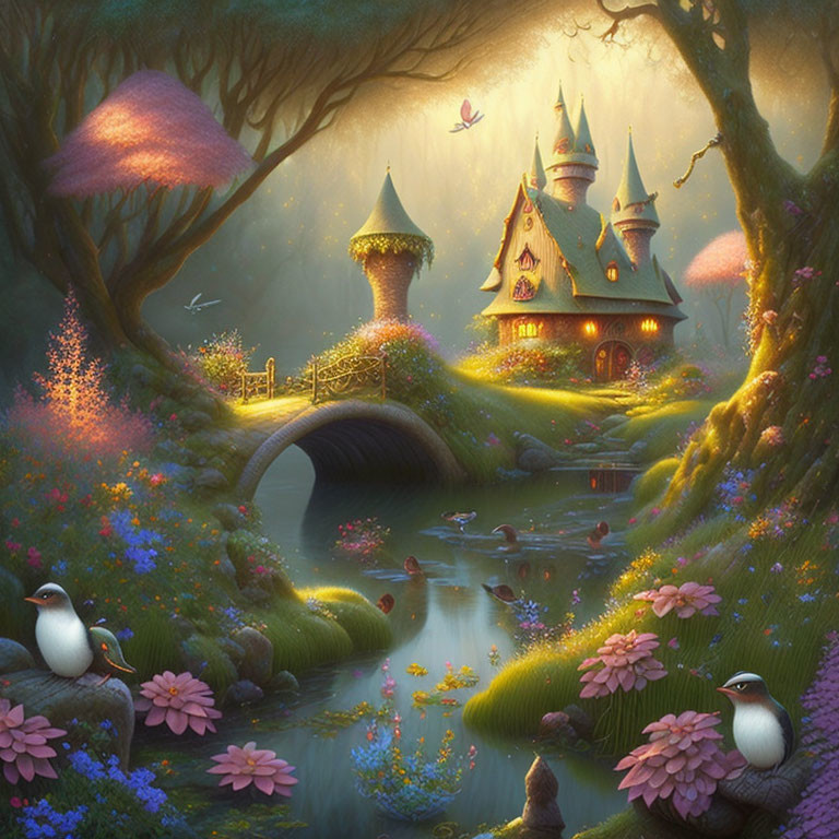 Enchanted forest scene with storybook cottages, bridge, stream, flowers, mushrooms, birds