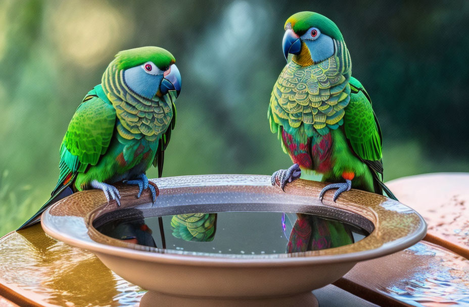 Vibrant green parrots with blue and red accents perched near water bowl.