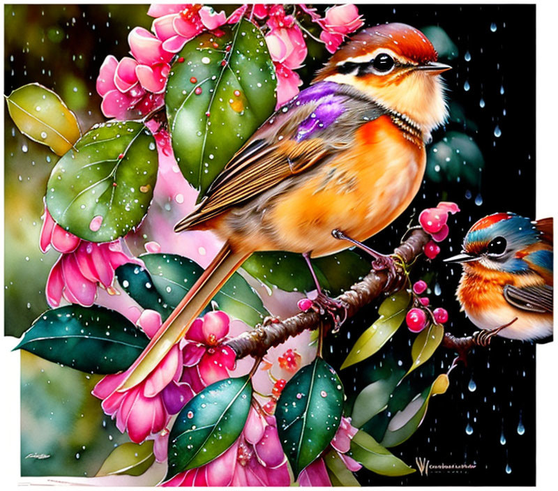 Colorful Birds on Branch with Pink Flowers and Raindrops