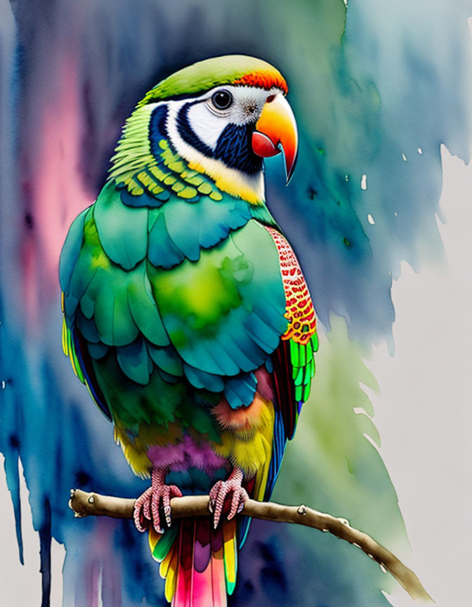 Vibrant Parrot with Green, Yellow, and Pink Feathers on Branch