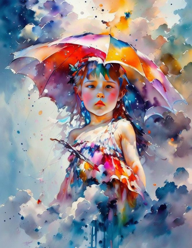 Vibrant watercolor painting of young girl with umbrella