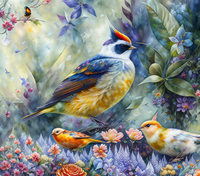 Colorful Birds Painting: Three Birds in Vibrant Blue Plumage