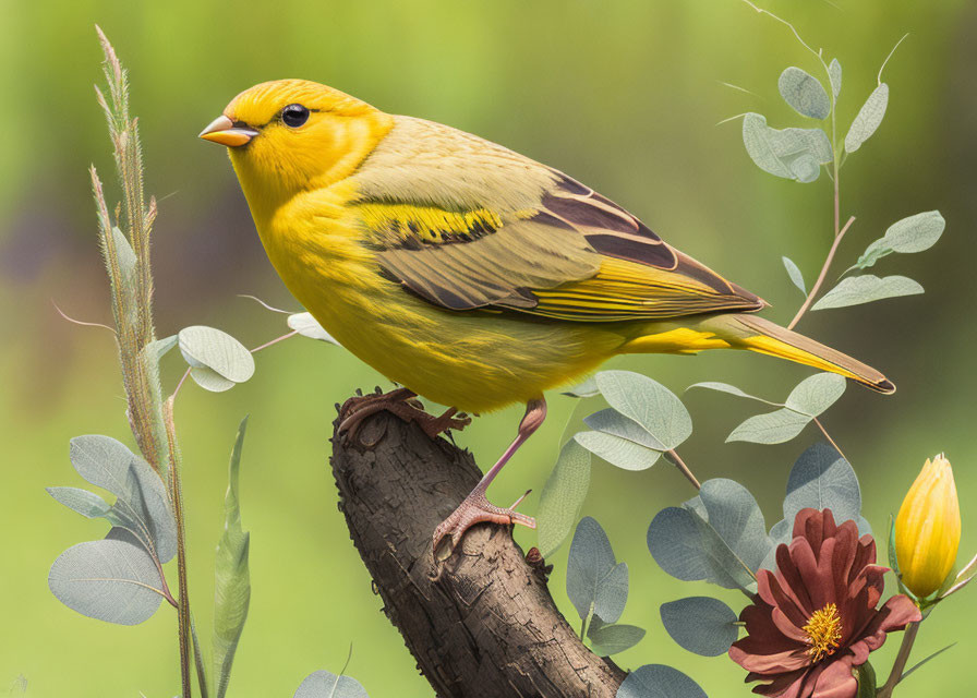 Colorful Yellow Bird Perched on Branch with Red Flower