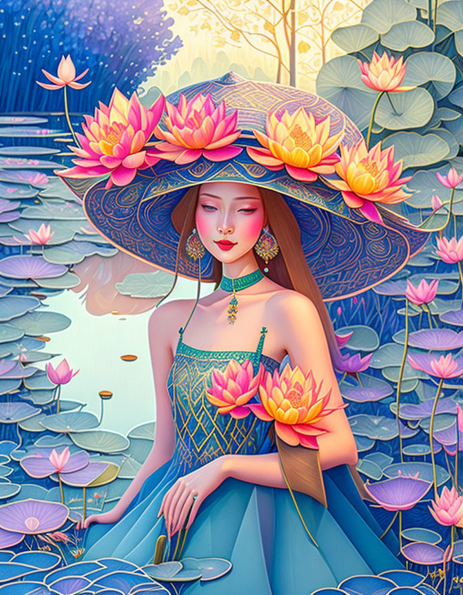 Illustration of Woman in Blue Dress by Lotus Pond at Twilight