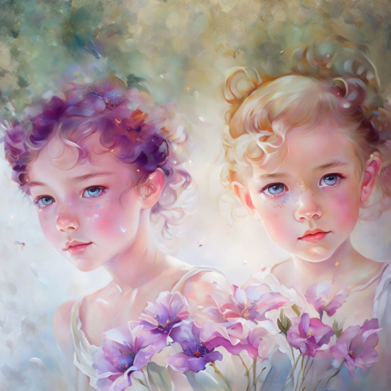 Children with flowers in soft, pastel painting style