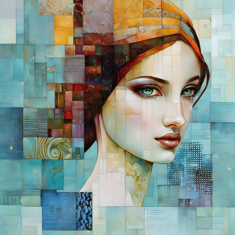 Colorful Mosaic Portrait of Woman with Headscarf