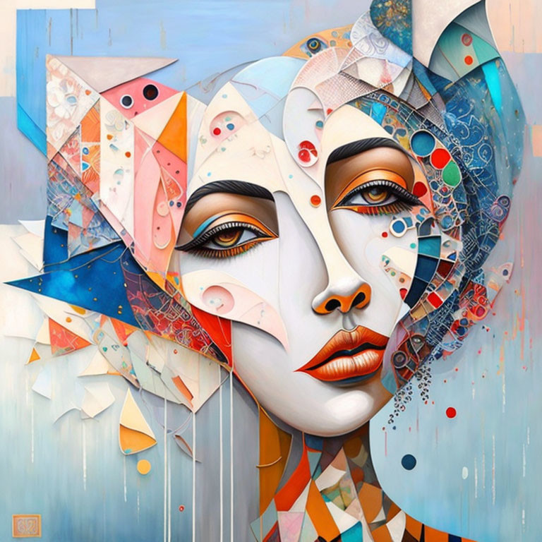 Abstract portrait of woman with colorful geometric and organic patterns