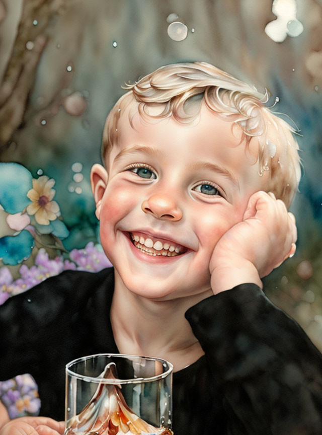 Blonde child smiling behind glass with purple flowers background