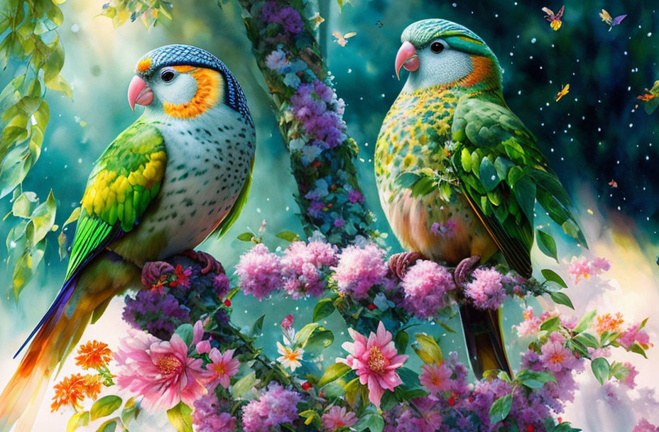 Colorful Parakeets on Branch with Purple Flowers and Butterflies