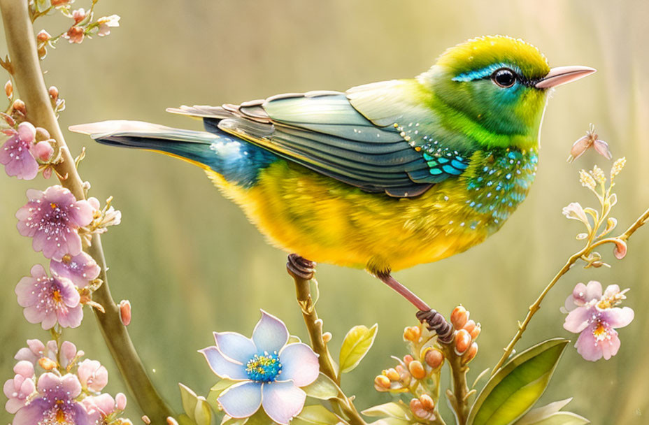 Colorful Bird Perched on Branch Among Flowers and Foliage