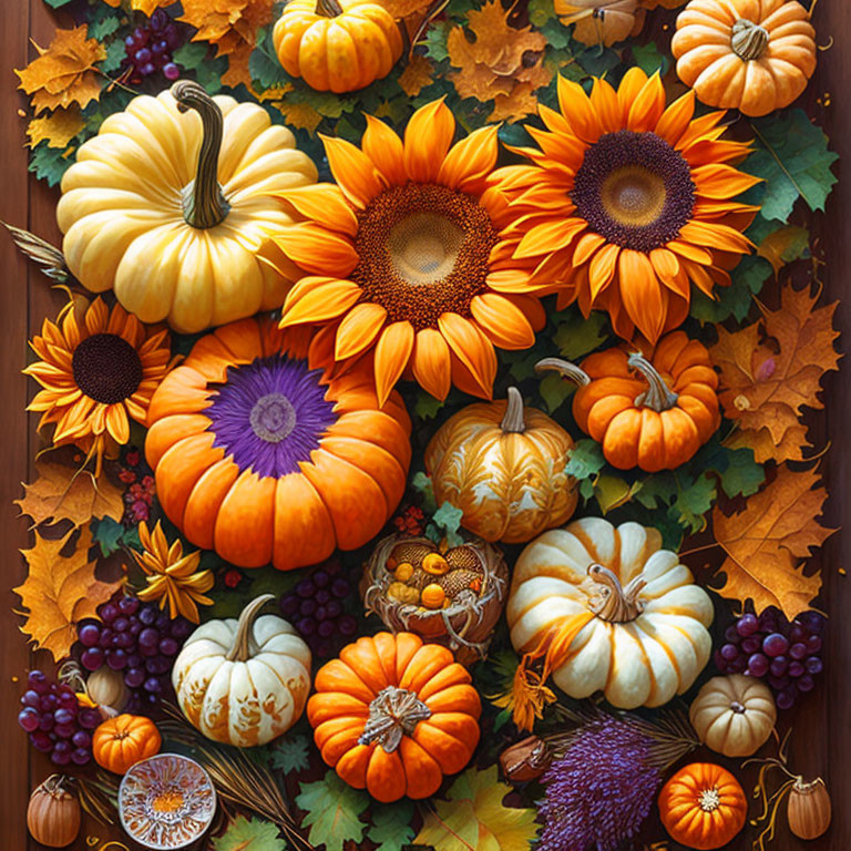 Colorful autumnal display with pumpkins, sunflowers, grapes, leaves, and flowers