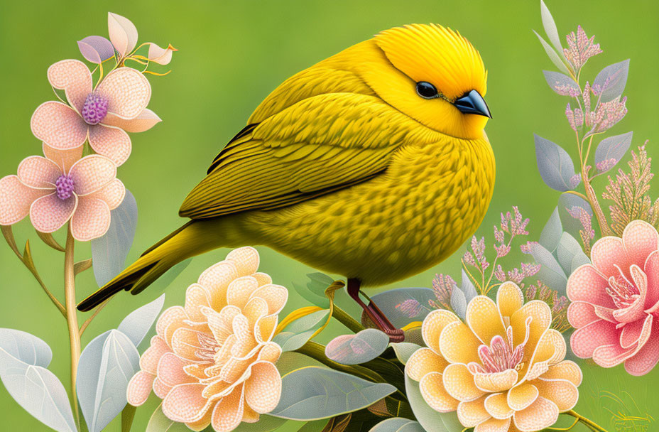 Colorful Bird Among Vibrant Flowers and Foliage