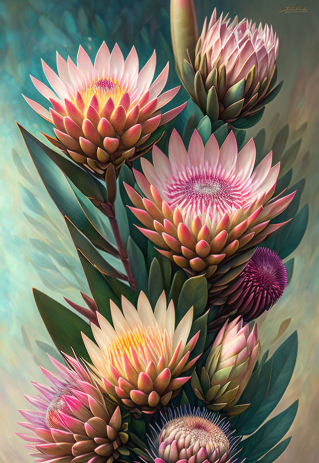 Vibrant king protea flowers in different bloom stages on warm textured backdrop