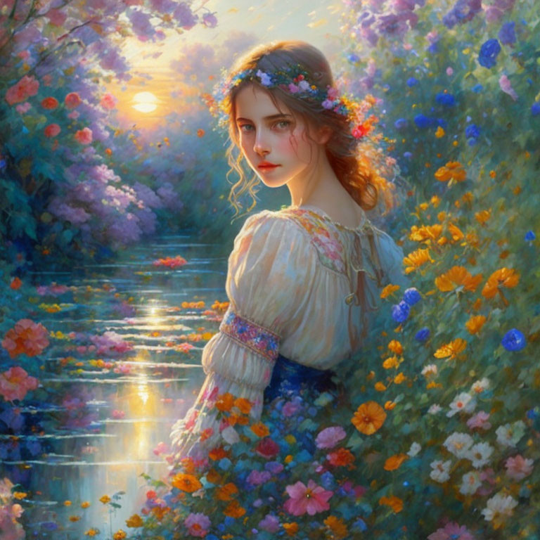 Woman with Flower Wreath Contemplating by River at Sunset