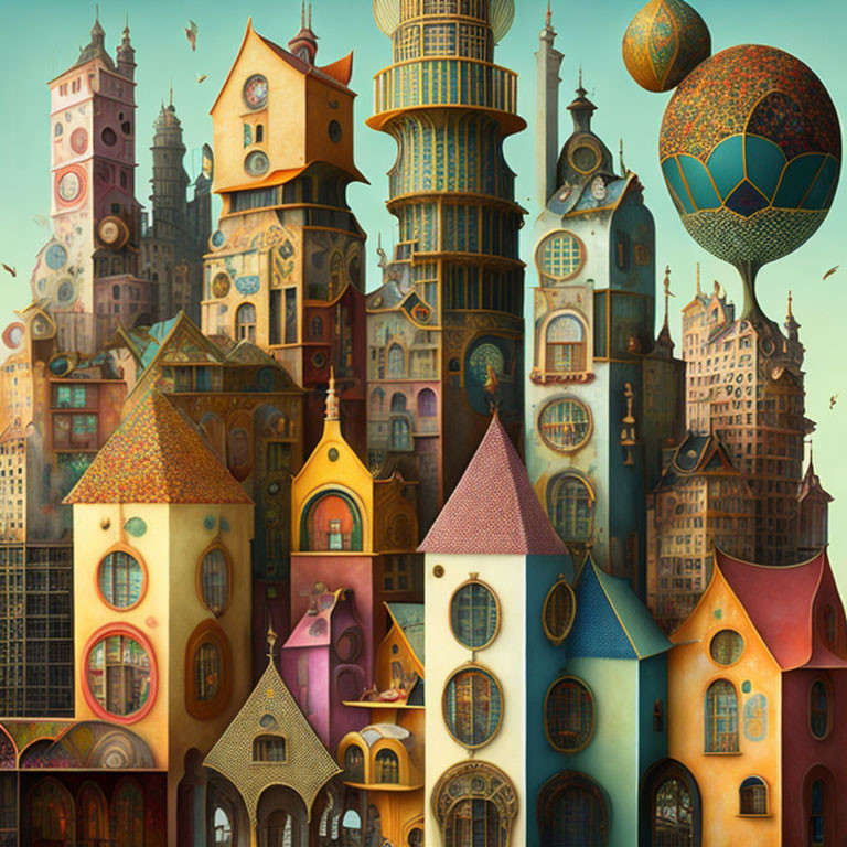 Colorful Whimsical Cityscape with Floating Orb