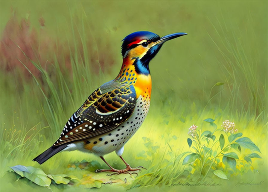 Colorful Bird with Yellow Throat and Speckled Chest in Meadow