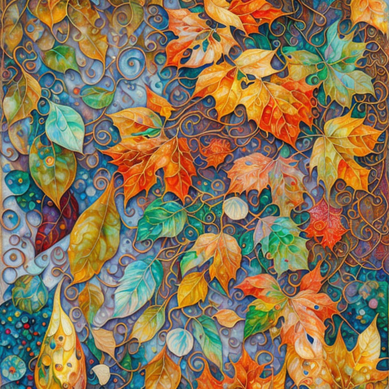 Colorful autumn leaves painting on textured blue background