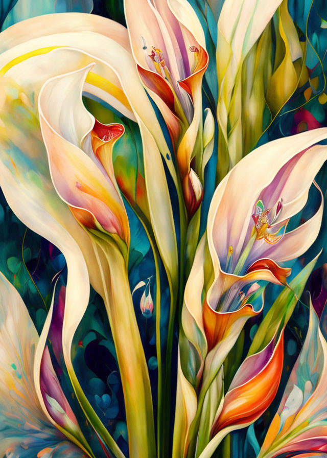 Colorful painting of calla lilies with swirling stems in yellow, orange, and green hues