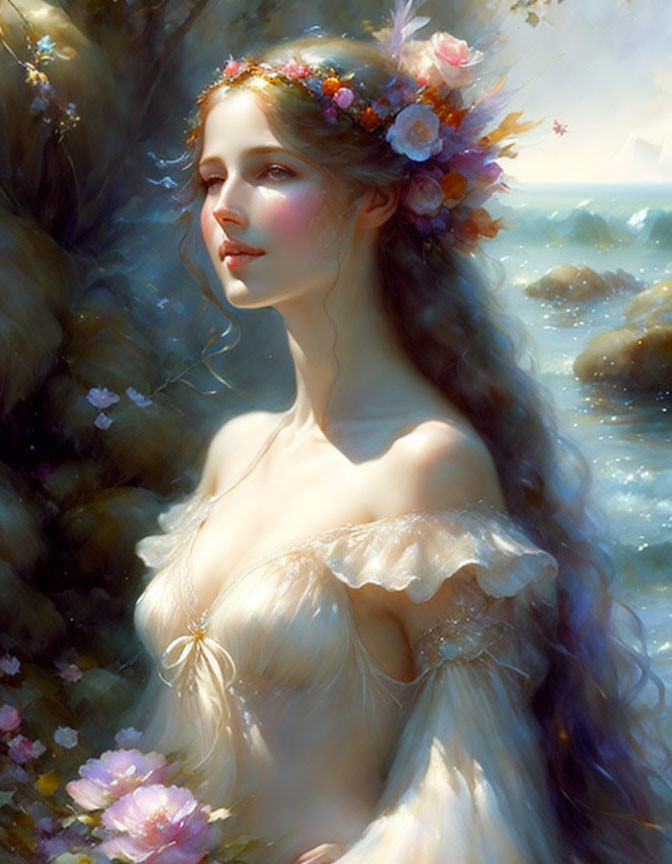 Ethereal woman with floral crown in serene seaside setting