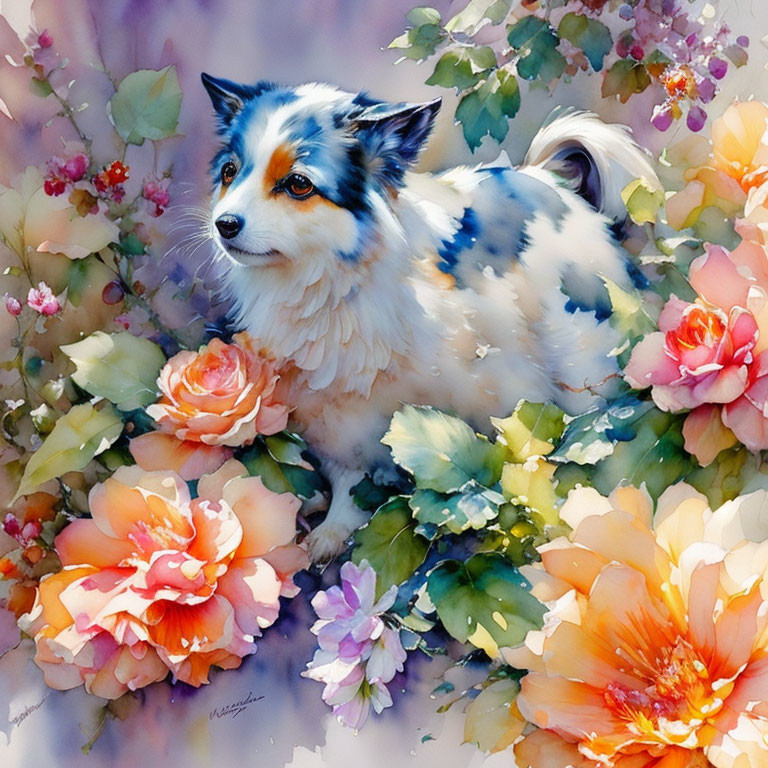 Tricolored dog in vibrant flower setting, blending realism with impressionistic style