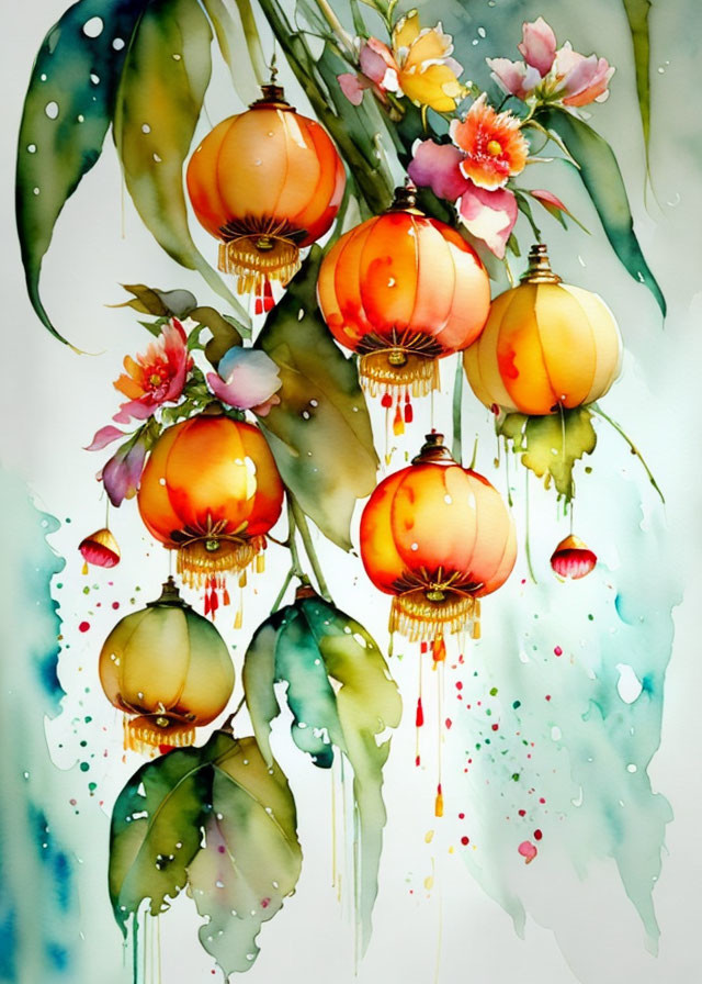 Colorful Chinese Lantern Watercolor Painting with Ink Splatters