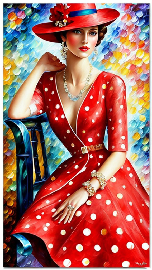 Colorful painting of woman in red polka-dot dress and blue hat by blue chair