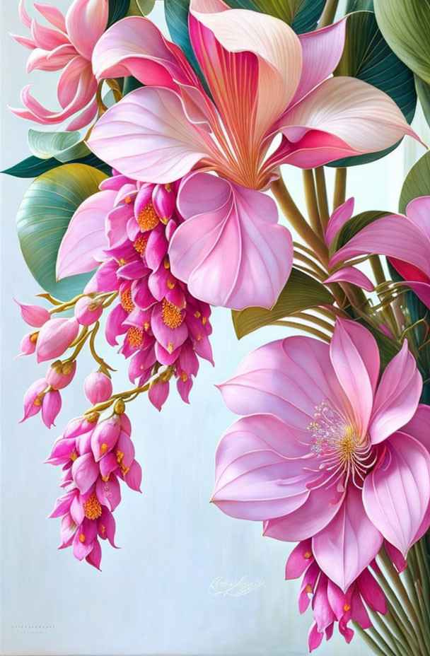 Assorted Pink Flowers Painting with Detailed Petals