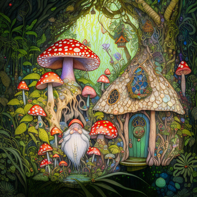 Colorful gnome illustration with treehouse and mushrooms