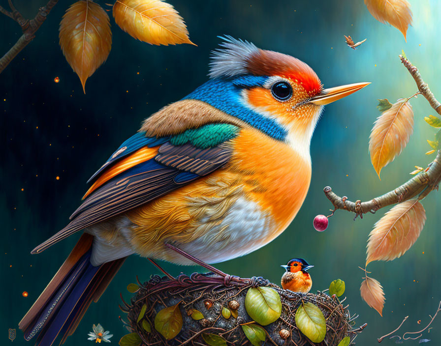 Colorful bird illustration with nest and hatchling in autumn setting