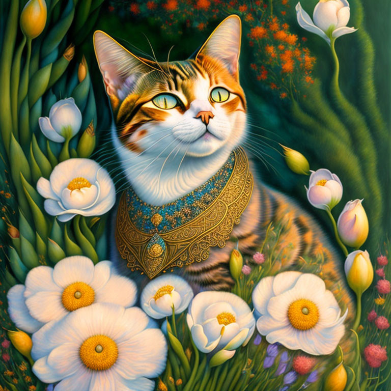 Colorful illustration of regal cat with yellow eyes in lush greenery.