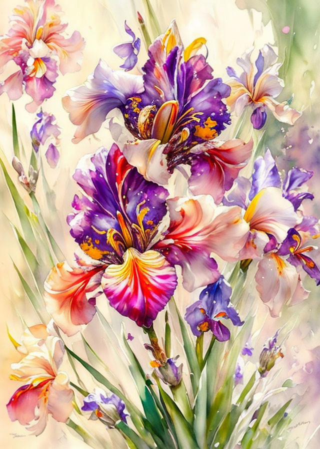 Colorful Watercolor Painting of Purple and Pink Irises on Creamy Background