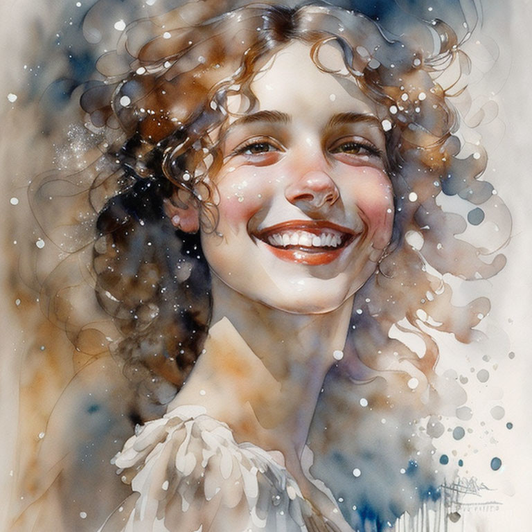 Smiling woman portrait with curly hair in warm watercolor style