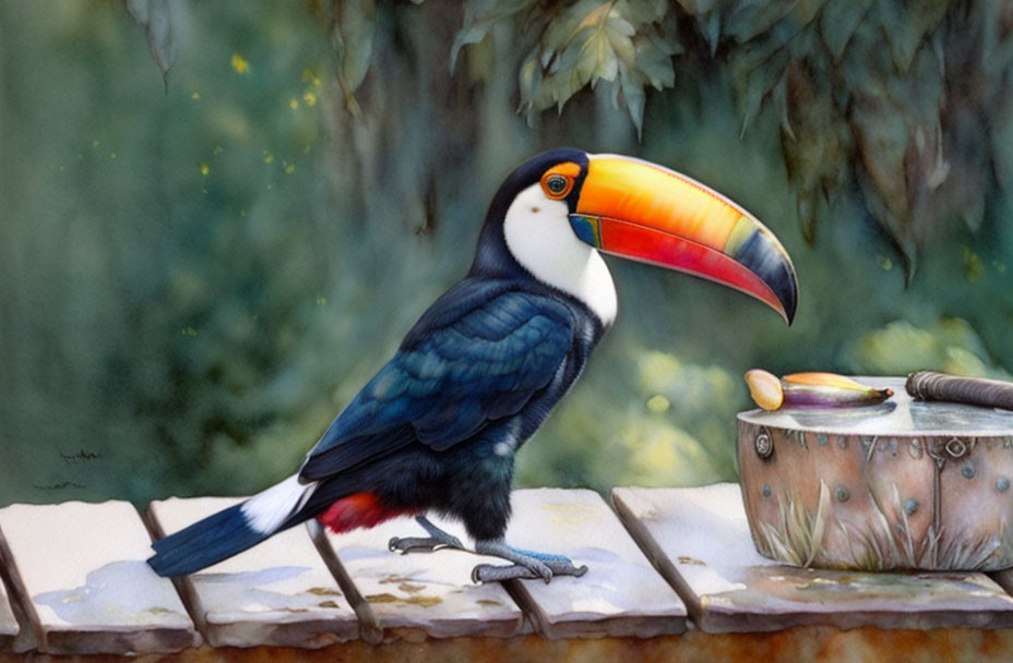 Vibrant toucan on wooden railing with green foliage background and drum.