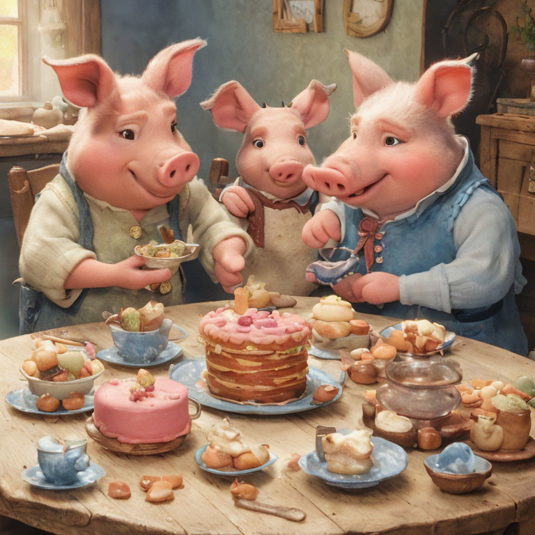 Animated pigs enjoying pastries and tea in cozy kitchen scene