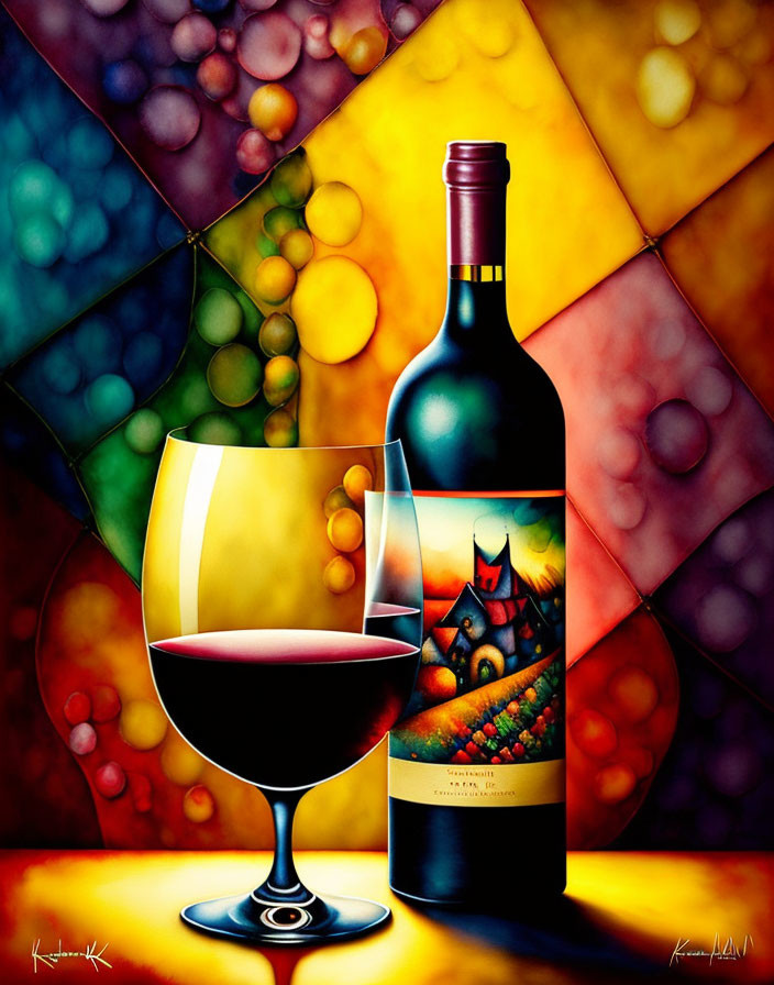 Colorful wine bottle and glass on stained-glass background