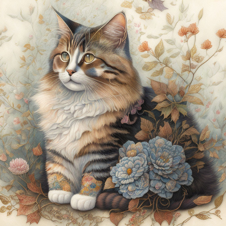 Fluffy tabby cat surrounded by colorful flowers and leaves