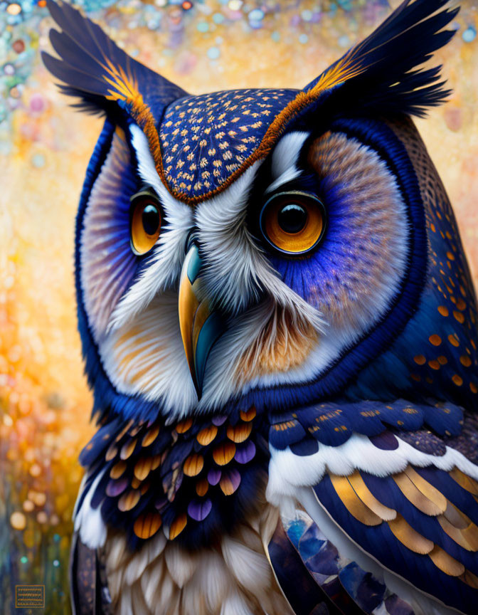 Detailed Owl Painting with Orange Eyes and Colorful Feathers