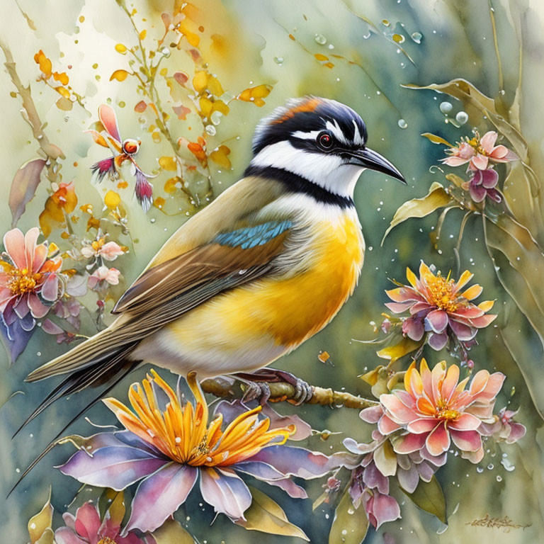 Colorful bird painting on branch with pink blossoms