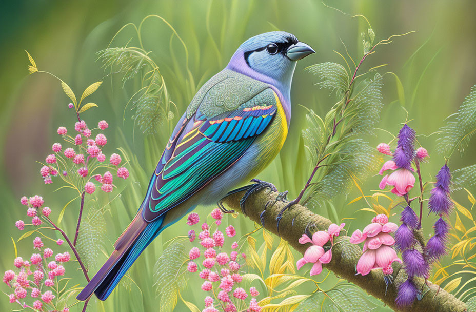 Colorful Bird Illustration Perched on Branch with Floral Background