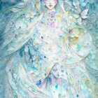 Ethereal female figure in blue and white attire with crystals and feathers