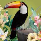 Colorful toucan surrounded by lush tropical flora on green background.