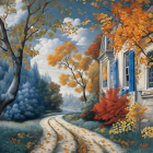 Vibrant autumn foliage and pumpkins in idyllic scene