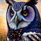 Detailed Owl Painting with Orange Eyes and Colorful Feathers