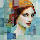 Colorful Mosaic Portrait of Woman with Headscarf