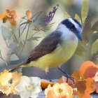 Colorful Bird Perched Among Blooming Flowers and Botanical Details