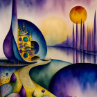 Colorful Castle Painting with Spiraling Tower and Yellow Moon