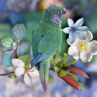 Colorful Parakeets Perched on Branch with Flowers