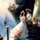 Romantic vintage attire couple embracing on flower boat with musicians